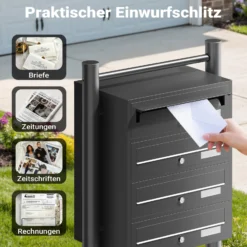 Wiltec 4er Briefkastenanlage schwarz 556 x 270 x 1500 mm, Standbriefkasten mit 4 Fächern, Schlüssel und Namensschild, Briefkasten Postkasten mit Ständer