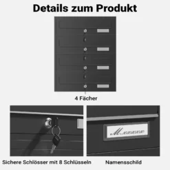 Wiltec 4er Briefkastenanlage schwarz 556 x 270 x 1500 mm, Standbriefkasten mit 4 Fächern, Schlüssel und Namensschild, Briefkasten Postkasten mit Ständer