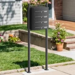 Wiltec 4er Briefkastenanlage schwarz 556 x 270 x 1500 mm, Standbriefkasten mit 4 Fächern, Schlüssel und Namensschild, Briefkasten Postkasten mit Ständer