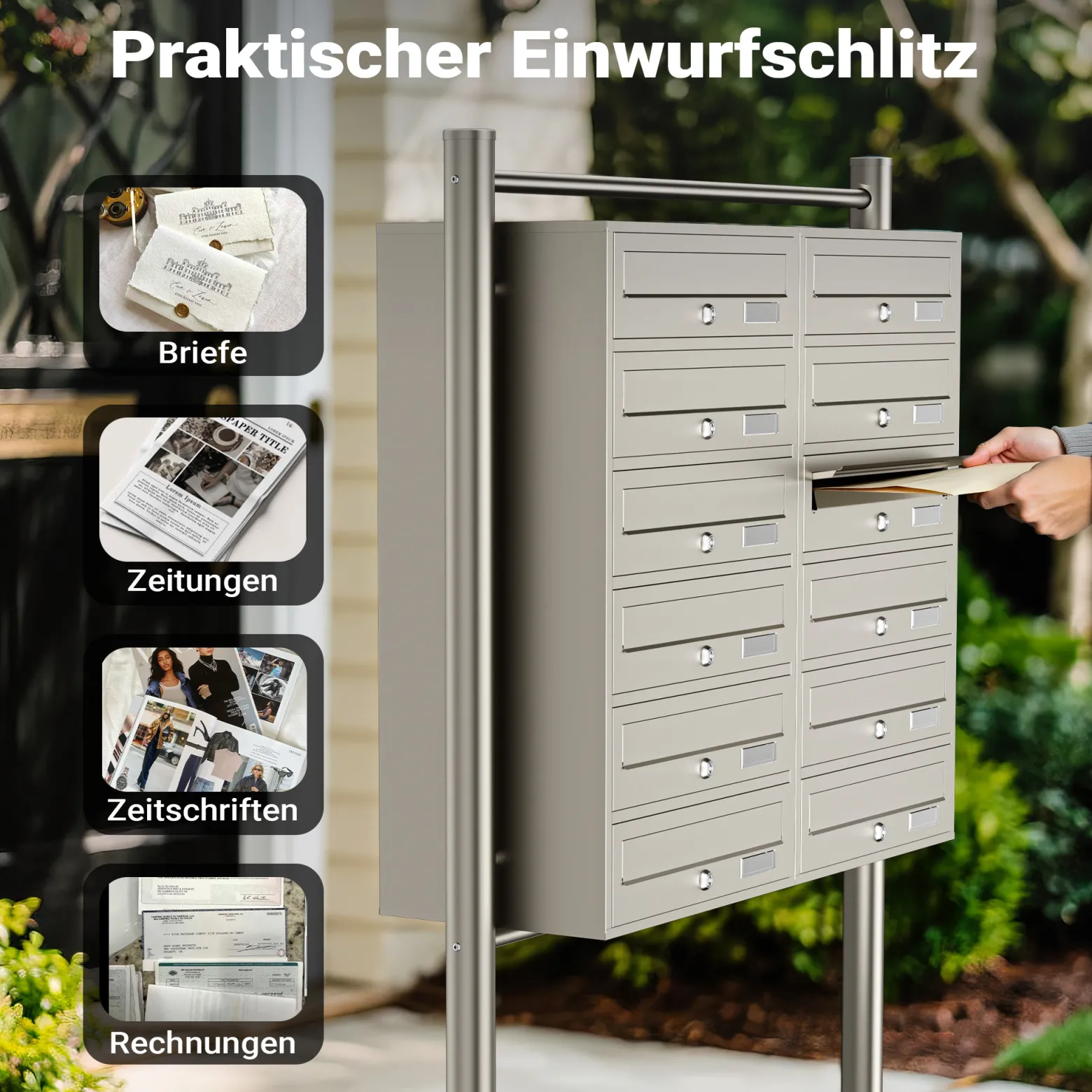 Wiltec 12er Briefkastenanlage Edelstahl 945 x 270 x 1500 mm, Standbriefkasten mit 2x6 Fächern, Schlüssel und Namensschild, Briefkasten Postkasten mit Ständer