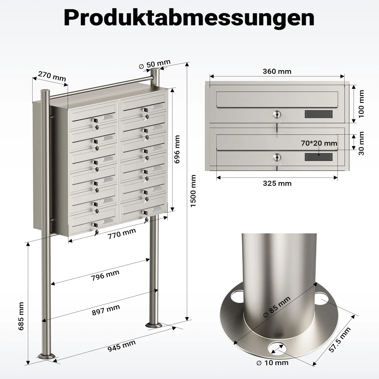 Wiltec 12er Briefkastenanlage Edelstahl 945 x 270 x 1500 mm, Standbriefkasten mit 2x6 Fächern, Schlüssel und Namensschild, Briefkasten Postkasten mit Ständer