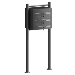 Wiltec 3er Briefkastenanlage schwarz 556 x 270 x 1200 mm, Standbriefkasten mit 3 Fächern, Schlüssel und Namensschild, Briefkasten Postkasten mit Ständer