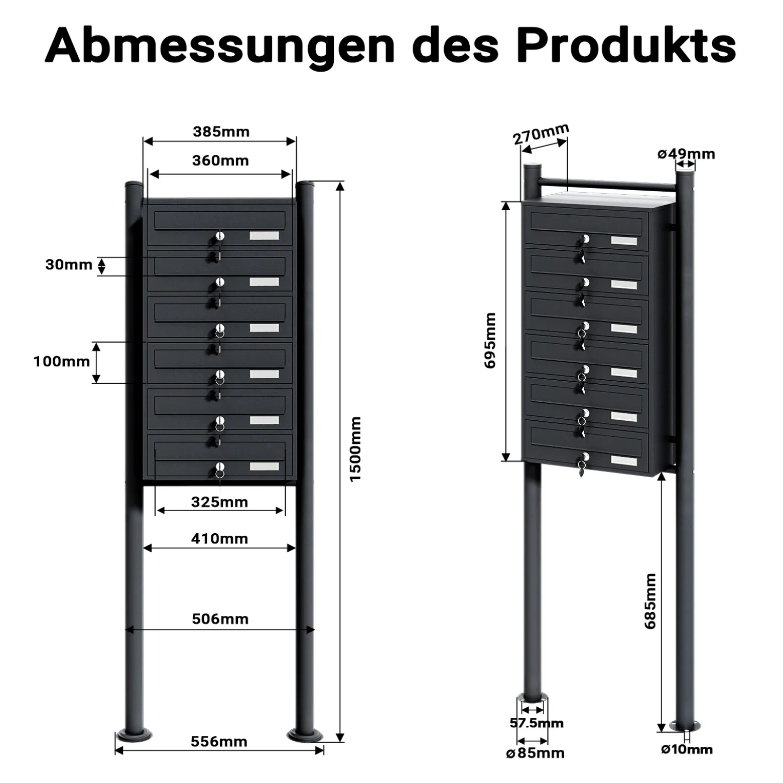 Wiltec 6er Briefkastenanlage schwarz 556 x 270 x 1500 mm, Standbriefkasten mit 6 Fächern, Schlüssel und Namensschild, Briefkasten Postkasten mit Ständer