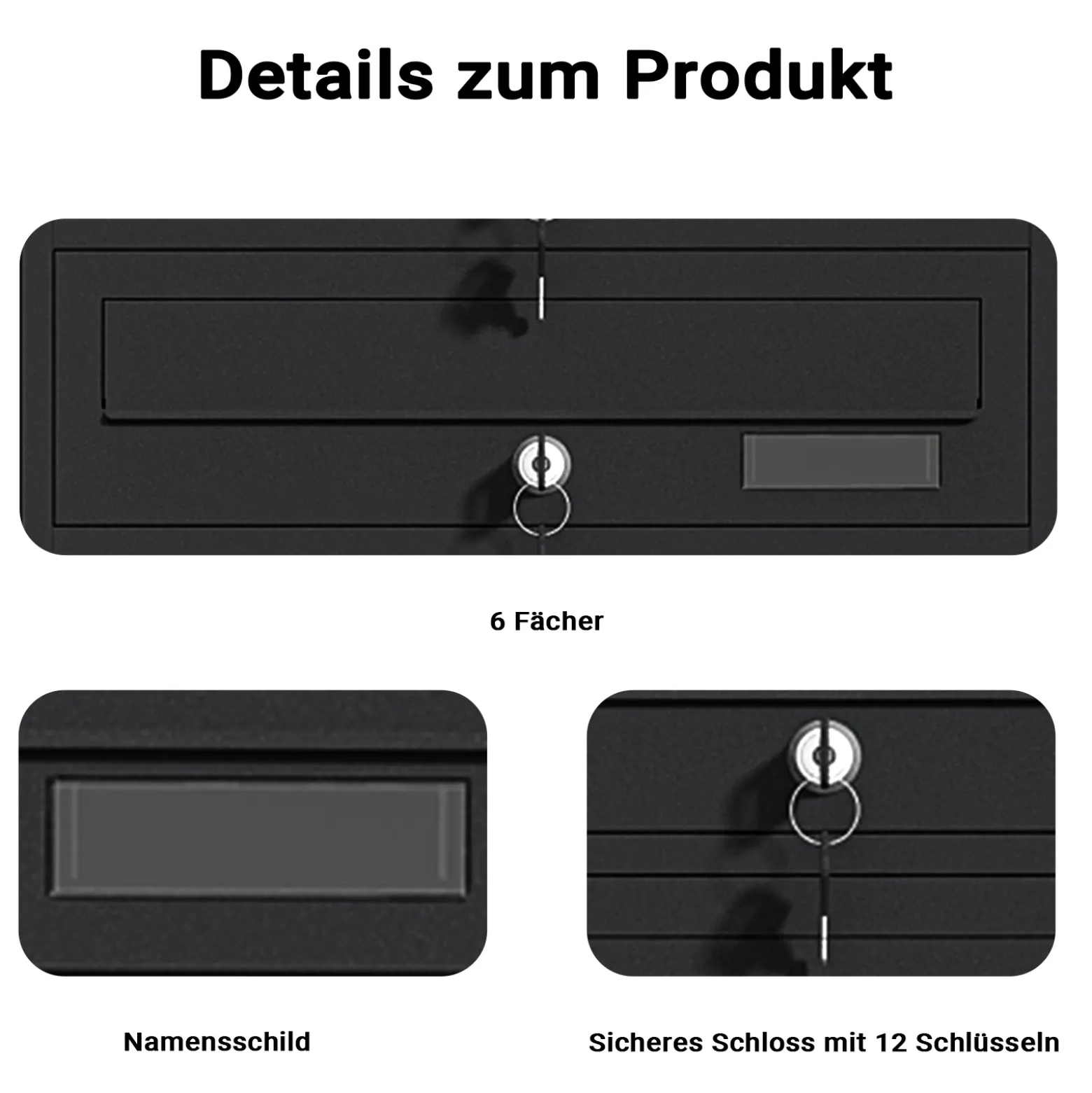 Wiltec 6er Briefkastenanlage schwarz 556 x 270 x 1500 mm, Standbriefkasten mit 6 Fächern, Schlüssel und Namensschild, Briefkasten Postkasten mit Ständer