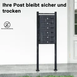 Wiltec 6er Briefkastenanlage schwarz 556 x 270 x 1500 mm, Standbriefkasten mit 6 Fächern, Schlüssel und Namensschild, Briefkasten Postkasten mit Ständer