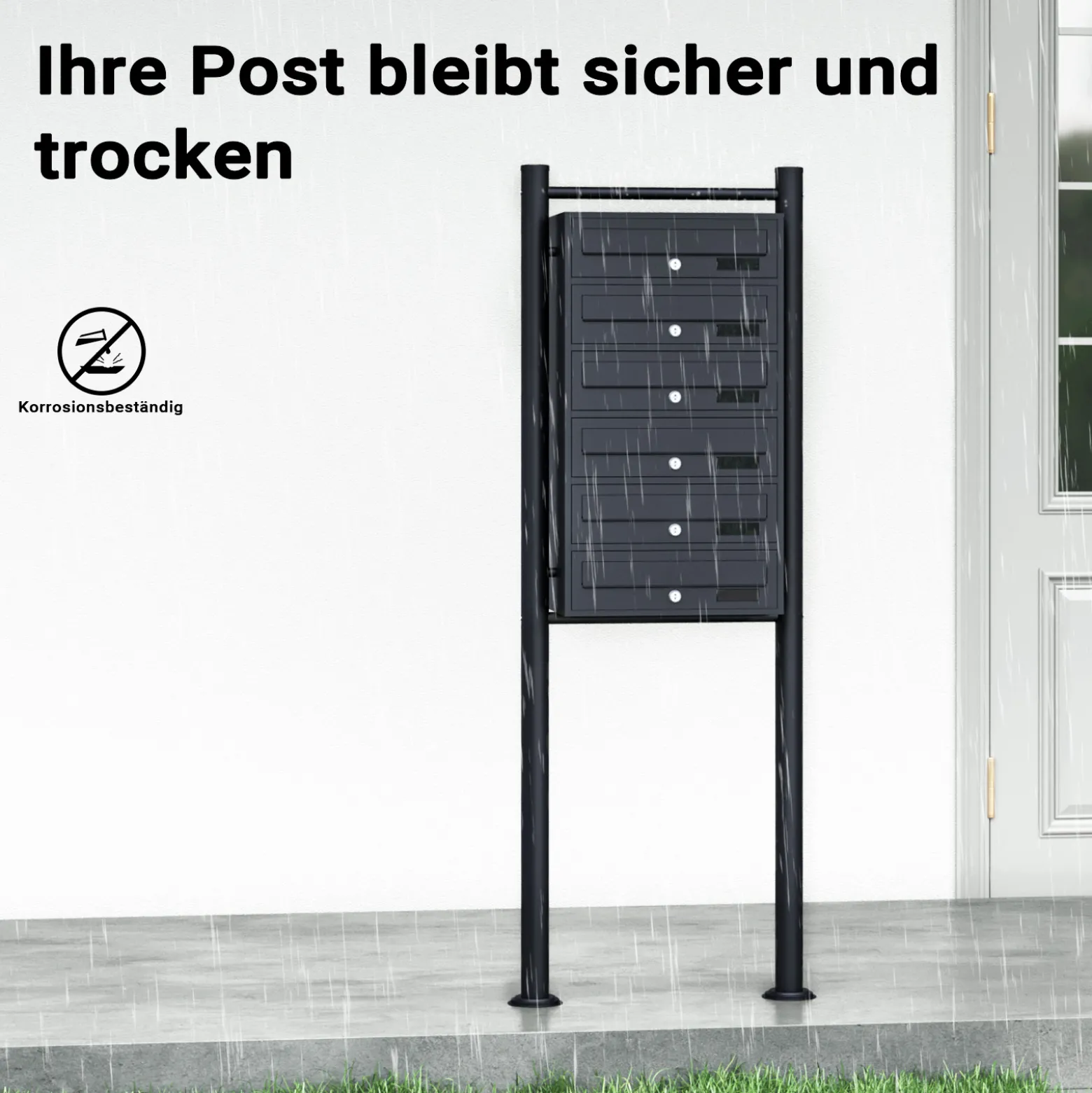 Wiltec 6er Briefkastenanlage schwarz 556 x 270 x 1500 mm, Standbriefkasten mit 6 Fächern, Schlüssel und Namensschild, Briefkasten Postkasten mit Ständer
