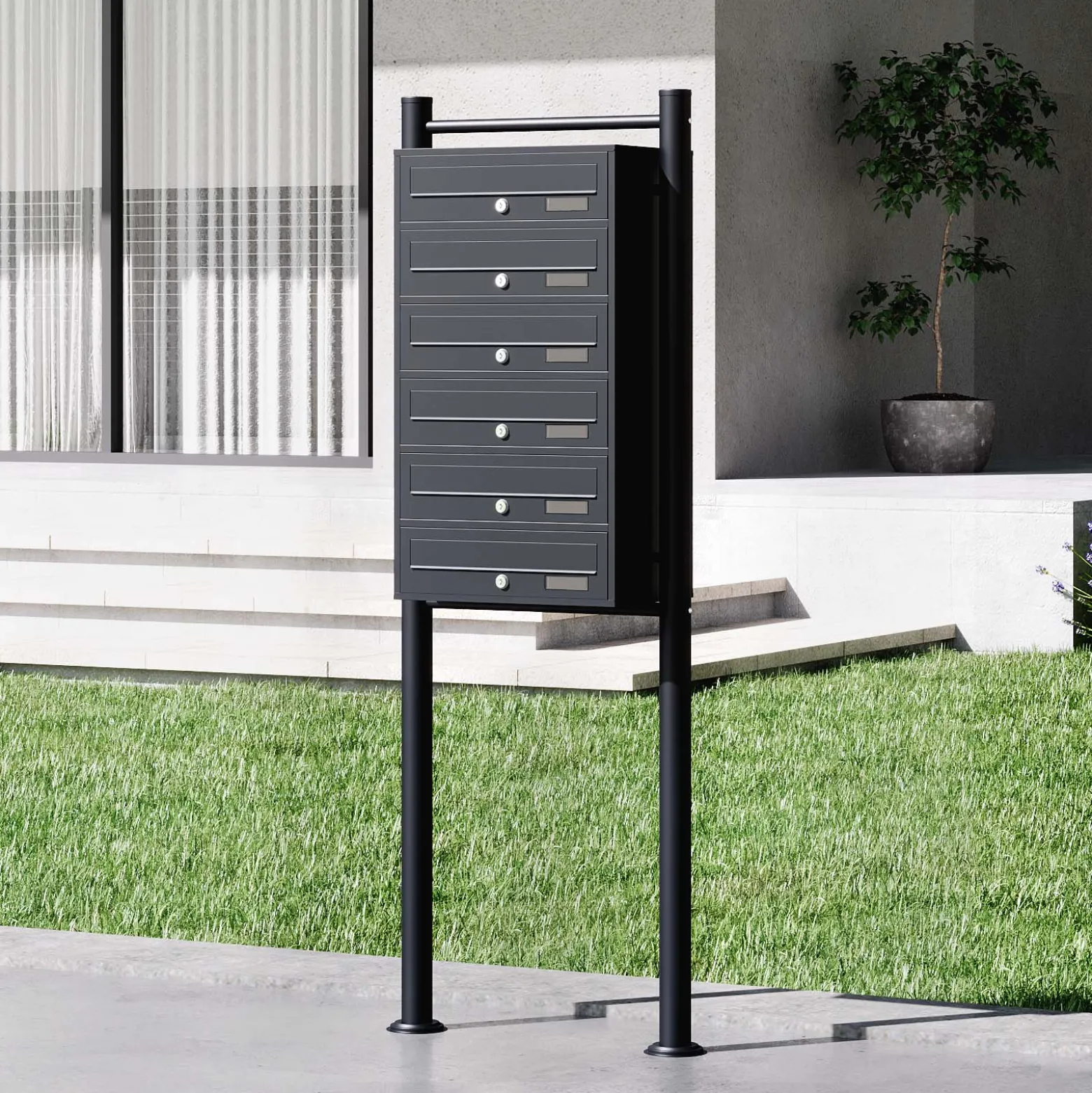 Wiltec 6er Briefkastenanlage schwarz 556 x 270 x 1500 mm, Standbriefkasten mit 6 Fächern, Schlüssel und Namensschild, Briefkasten Postkasten mit Ständer