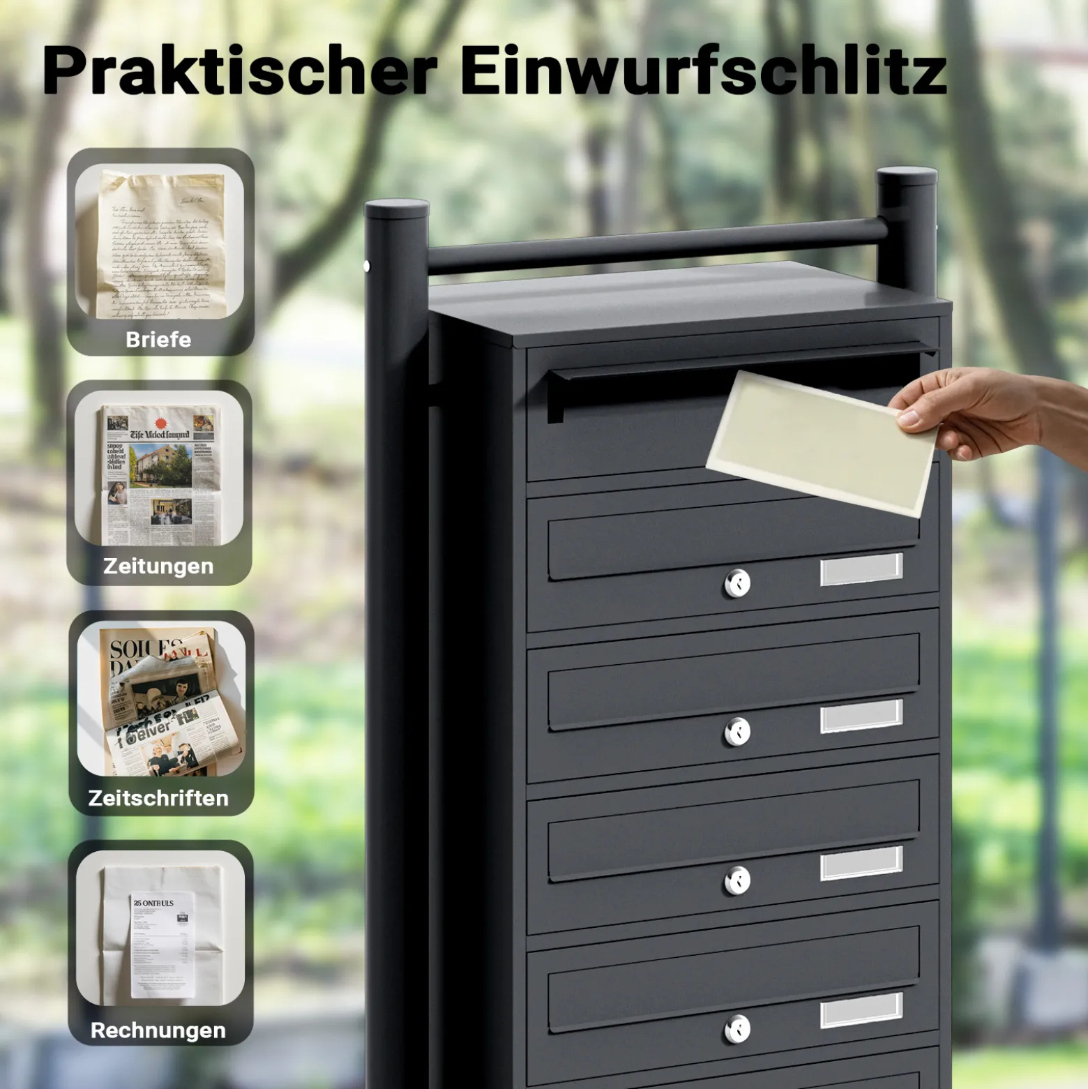 Wiltec 6er Briefkastenanlage schwarz 556 x 270 x 1500 mm, Standbriefkasten mit 6 Fächern, Schlüssel und Namensschild, Briefkasten Postkasten mit Ständer