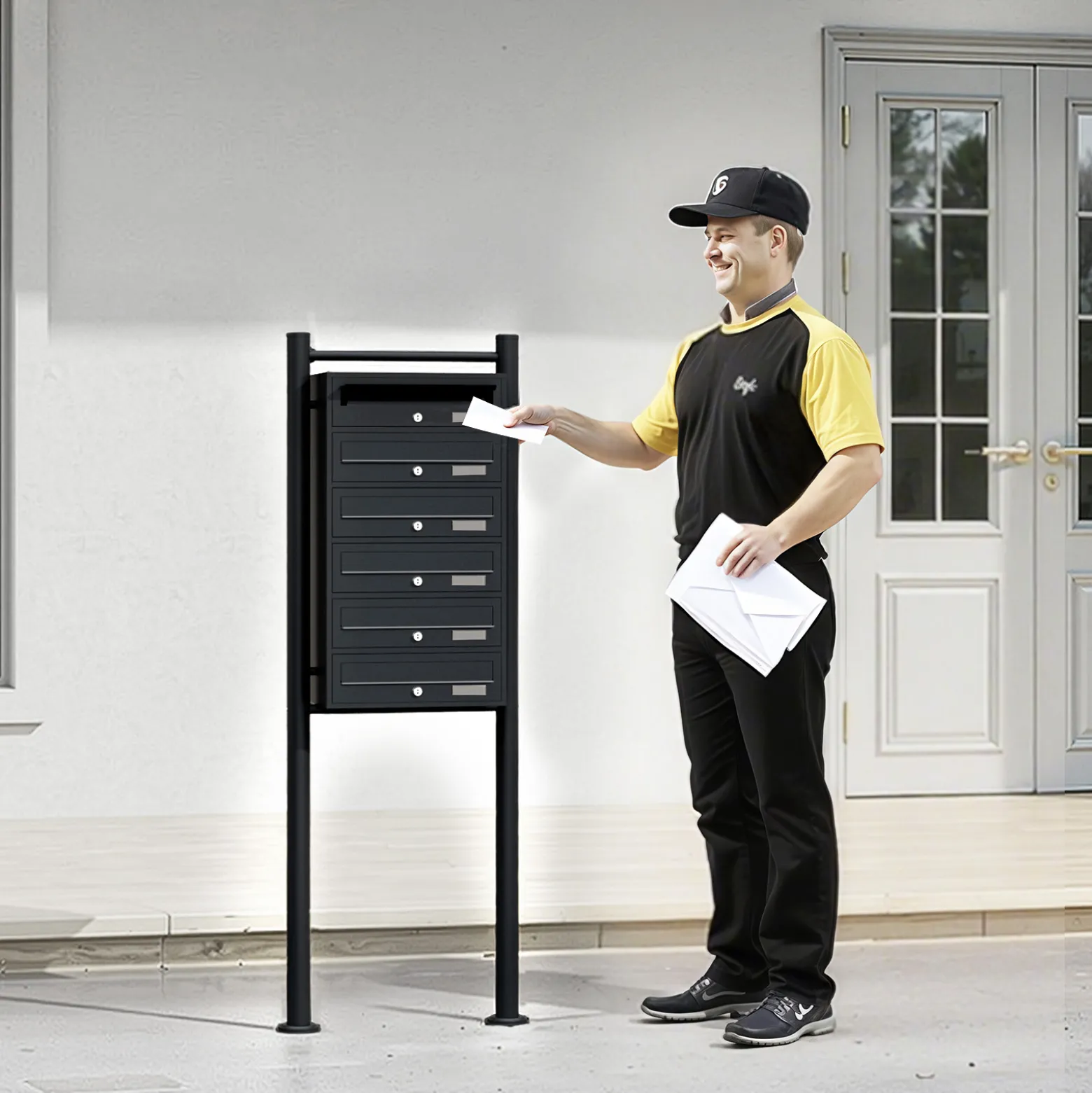 Wiltec 6er Briefkastenanlage schwarz 556 x 270 x 1500 mm, Standbriefkasten mit 6 Fächern, Schlüssel und Namensschild, Briefkasten Postkasten mit Ständer