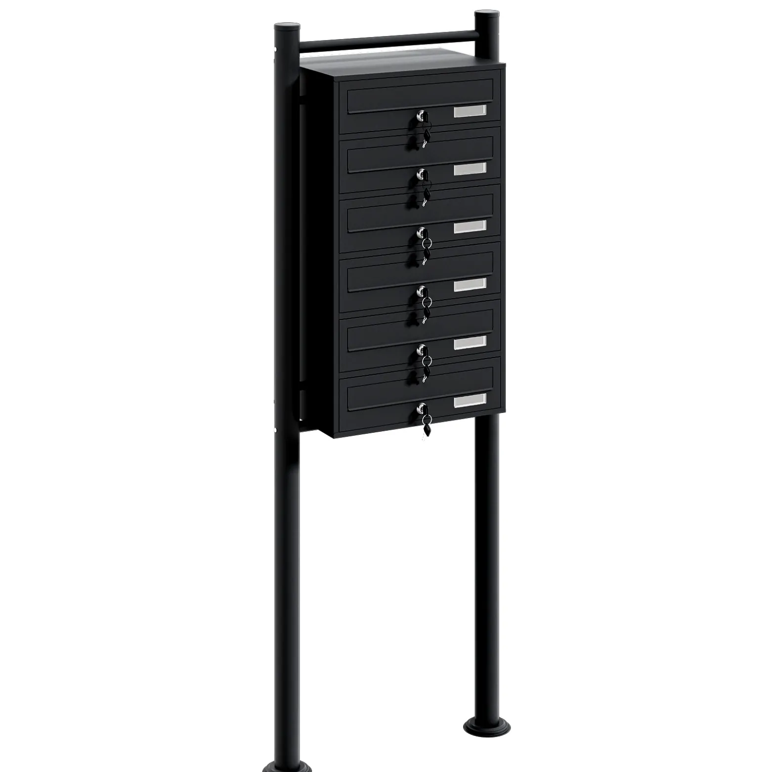 Wiltec 6er Briefkastenanlage schwarz 556 x 270 x 1500 mm, Standbriefkasten mit 6 Fächern, Schlüssel und Namensschild, Briefkasten Postkasten mit Ständer