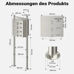 Wiltec 4er Briefkastenanlage Edelstahl 556 x 270 x 1500 mm, Standbriefkasten mit 4 Fächern, Schlüssel und Namensschild, Briefkasten Postkasten mit Ständer
