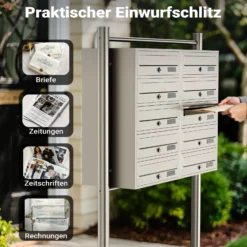 Wiltec 10er Briefkastenanlage Edelstahl 945 x 270 x 1500 mm, Standbriefkasten mit 2x5 Fächern, Schlüssel und Namensschild, Briefkasten Postkasten mit Ständer