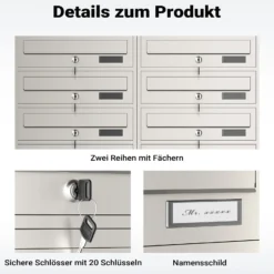 Wiltec 10er Briefkastenanlage Edelstahl 945 x 270 x 1500 mm, Standbriefkasten mit 2x5 Fächern, Schlüssel und Namensschild, Briefkasten Postkasten mit Ständer