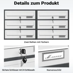 Wiltec 12er Briefkastenanlage Weiß/Anthrazit 945 x 270 x 1500 mm, Standbriefkasten mit 2x6 Fächern, Schlüssel und Namensschild, Briefkasten Postkasten mit Ständer
