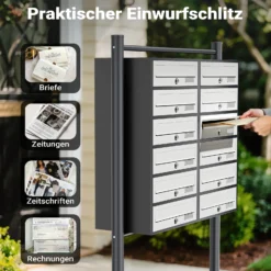 Wiltec 12er Briefkastenanlage Weiß/Anthrazit 945 x 270 x 1500 mm, Standbriefkasten mit 2x6 Fächern, Schlüssel und Namensschild, Briefkasten Postkasten mit Ständer