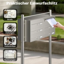 Wiltec 6er Briefkastenanlage Edelstahl 945 x 270 x 1200 mm, Standbriefkasten mit 2x3 Fächern, Schlüssel und Namensschild, Briefkasten Postkasten mit Ständer