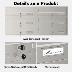 Wiltec 6er Briefkastenanlage Edelstahl 945 x 270 x 1200 mm, Standbriefkasten mit 2x3 Fächern, Schlüssel und Namensschild, Briefkasten Postkasten mit Ständer