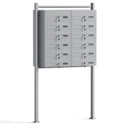 Wiltec 12er Briefkastenanlage silberfarben 945 x 270 x 1500 mm, Standbriefkasten mit 2x6 Fächern, Schlüssel und Namensschild, Briefkasten Postkasten mit Ständer
