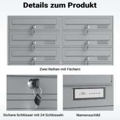 Wiltec 12er Briefkastenanlage silberfarben 945 x 270 x 1500 mm, Standbriefkasten mit 2x6 Fächern, Schlüssel und Namensschild, Briefkasten Postkasten mit Ständer