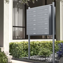 Wiltec 12er Briefkastenanlage silberfarben 945 x 270 x 1500 mm, Standbriefkasten mit 2x6 Fächern, Schlüssel und Namensschild, Briefkasten Postkasten mit Ständer