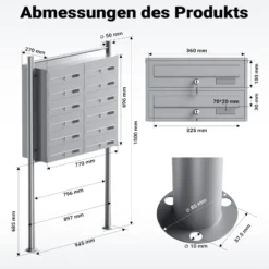 Wiltec 12er Briefkastenanlage silberfarben 945 x 270 x 1500 mm, Standbriefkasten mit 2x6 Fächern, Schlüssel und Namensschild, Briefkasten Postkasten mit Ständer
