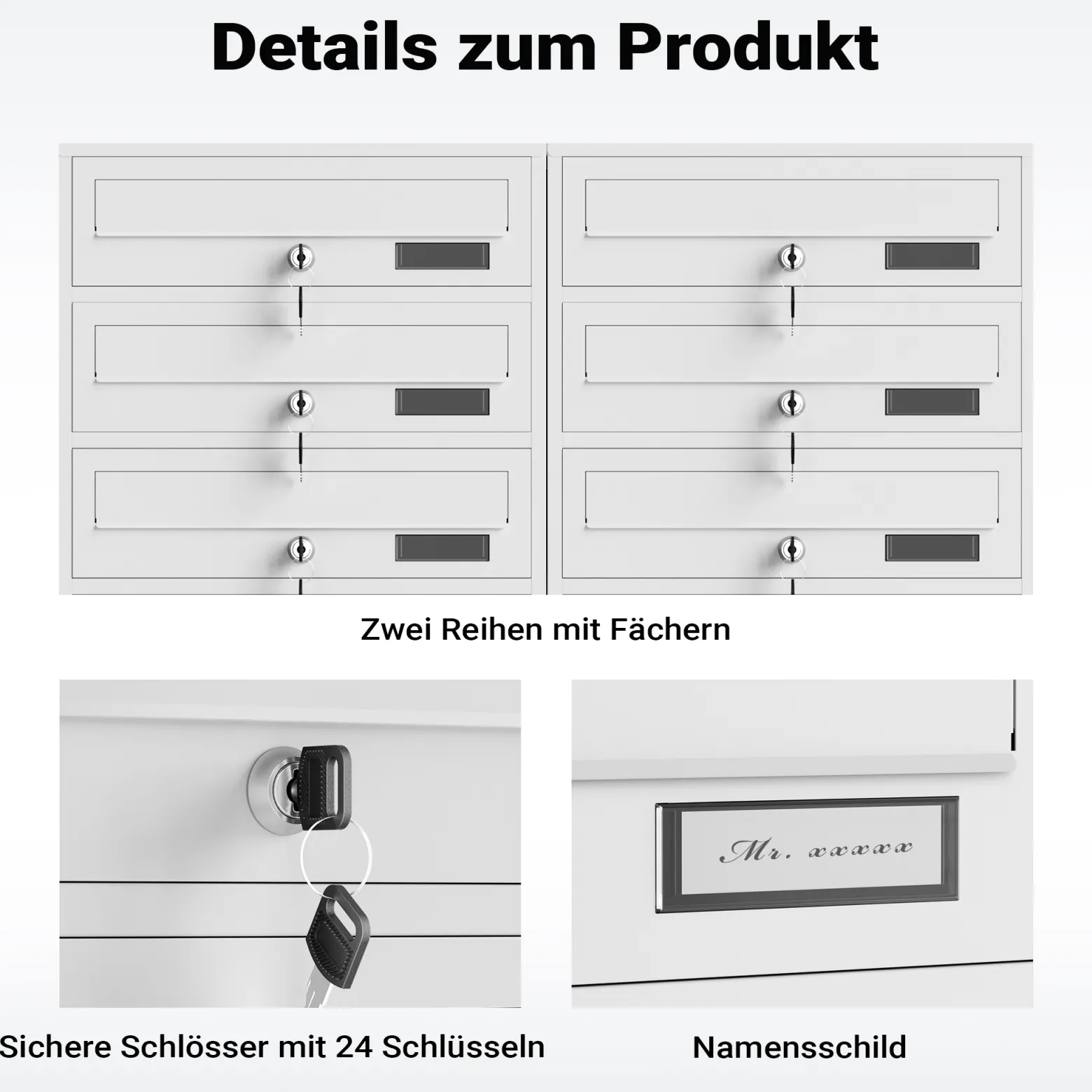 Wiltec 12er Briefkastenanlage weiß 945 x 270 x 1500 mm, Standbriefkasten mit 2x6 Fächern, Schlüssel und Namensschild, Briefkasten Postkasten mit Ständer