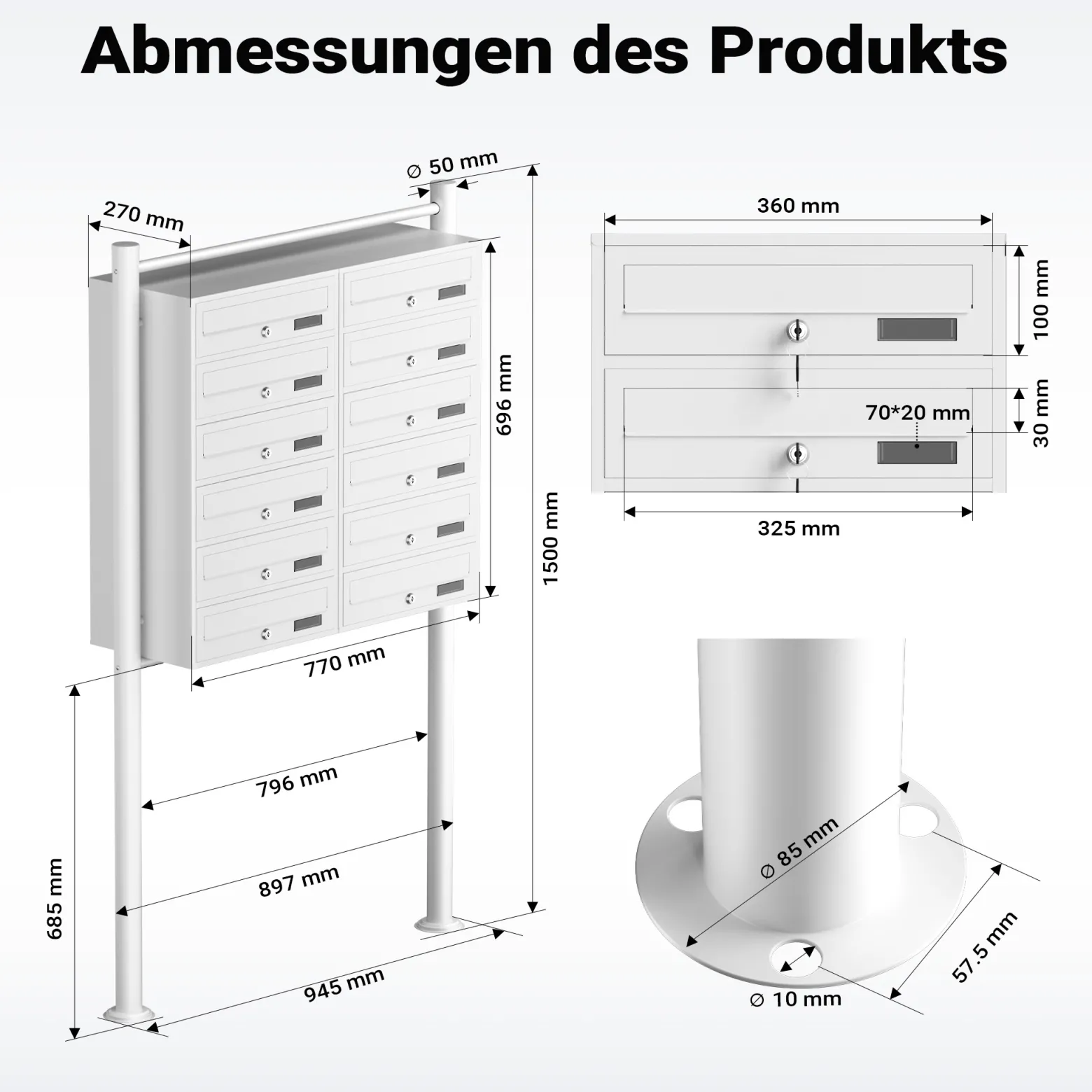 Wiltec 12er Briefkastenanlage weiß 945 x 270 x 1500 mm, Standbriefkasten mit 2x6 Fächern, Schlüssel und Namensschild, Briefkasten Postkasten mit Ständer
