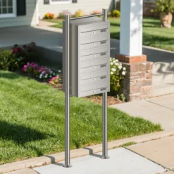 Wiltec 6er Briefkastenanlage Edelstahl 556 x 270 x 1500 mm, Standbriefkasten mit 6 Fächern, Schlüssel und Namensschild, Briefkasten Postkasten mit Ständer