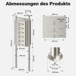 Wiltec 6er Briefkastenanlage Edelstahl 556 x 270 x 1500 mm, Standbriefkasten mit 6 Fächern, Schlüssel und Namensschild, Briefkasten Postkasten mit Ständer