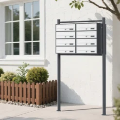 Wiltec 8er Briefkastenanlage Weiß/Anthrazit 945 x 270 x 1500 mm, Standbriefkasten mit 2x4 Fächern, Schlüssel und Namensschild, Briefkasten Postkasten mit Ständer