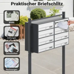 Wiltec 8er Briefkastenanlage Weiß/Anthrazit 945 x 270 x 1500 mm, Standbriefkasten mit 2x4 Fächern, Schlüssel und Namensschild, Briefkasten Postkasten mit Ständer
