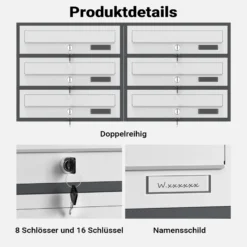 Wiltec 8er Briefkastenanlage Weiß/Anthrazit 945 x 270 x 1500 mm, Standbriefkasten mit 2x4 Fächern, Schlüssel und Namensschild, Briefkasten Postkasten mit Ständer