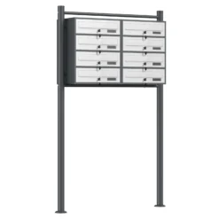 Wiltec 8er Briefkastenanlage Weiß/Anthrazit 945 x 270 x 1500 mm, Standbriefkasten mit 2x4 Fächern, Schlüssel und Namensschild, Briefkasten Postkasten mit Ständer