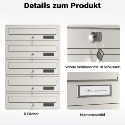 Wiltec 5er Briefkastenanlage Edelstahl 556 x 270 x 1500 mm, Standbriefkasten mit 5 Fächern, Schlüssel und Namensschild, Briefkasten Postkasten mit Ständer