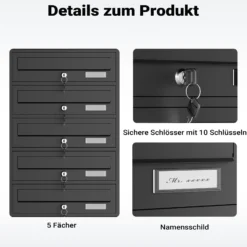 Wiltec 5er Briefkastenanlage schwarz 556 x 270 x 1500 mm, Standbriefkasten mit 5 Fächern, Schlüssel und Namensschild, Briefkasten Postkasten mit Ständer