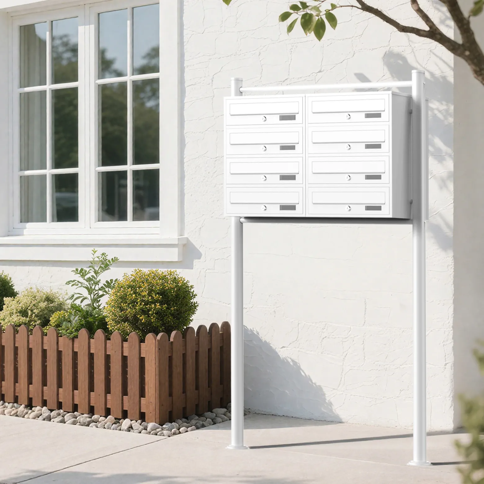 Wiltec 8er Briefkastenanlage weiß 945 x 270 x 1500 mm, Standbriefkasten mit 2x4 Fächern, Schlüssel und Namensschild, Briefkasten Postkasten mit Ständer