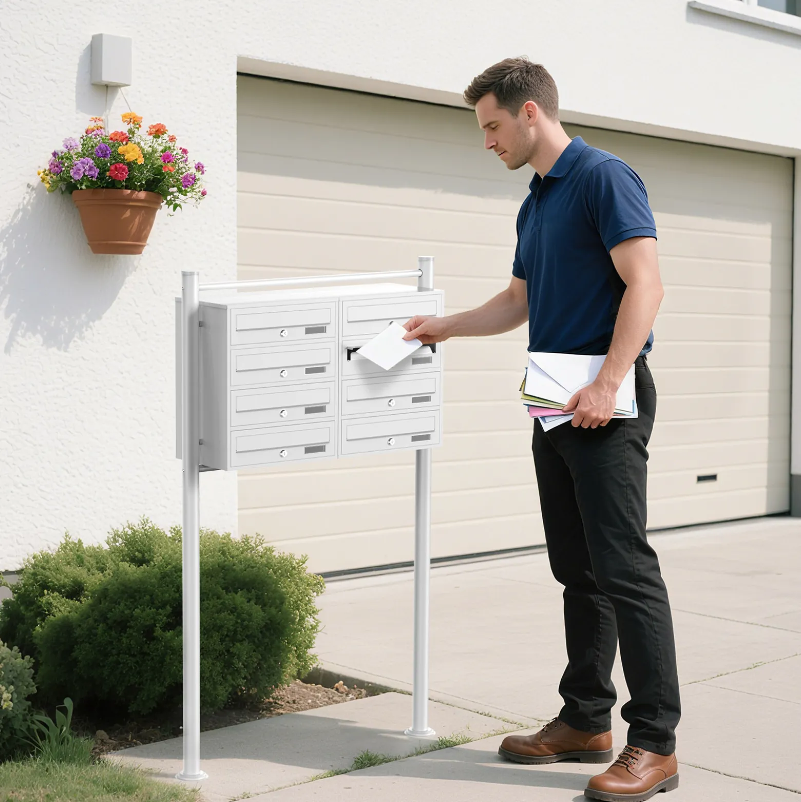 Wiltec 8er Briefkastenanlage weiß 945 x 270 x 1500 mm, Standbriefkasten mit 2x4 Fächern, Schlüssel und Namensschild, Briefkasten Postkasten mit Ständer