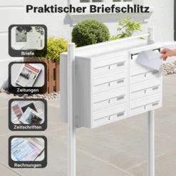 Wiltec 8er Briefkastenanlage weiß 945 x 270 x 1500 mm, Standbriefkasten mit 2x4 Fächern, Schlüssel und Namensschild, Briefkasten Postkasten mit Ständer