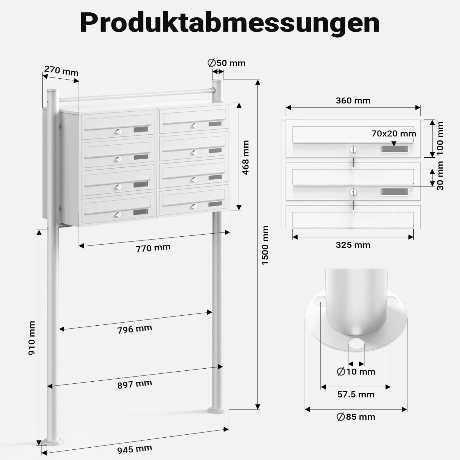 Wiltec 8er Briefkastenanlage weiß 945 x 270 x 1500 mm, Standbriefkasten mit 2x4 Fächern, Schlüssel und Namensschild, Briefkasten Postkasten mit Ständer
