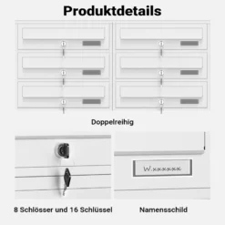 Wiltec 8er Briefkastenanlage weiß 945 x 270 x 1500 mm, Standbriefkasten mit 2x4 Fächern, Schlüssel und Namensschild, Briefkasten Postkasten mit Ständer
