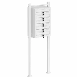 Wiltec 5er Briefkastenanlage weiß 270 x 513 x 1500 mm, Standbriefkasten mit 5 Fächern, Schlüssel und Namensschild, Briefkasten Postkasten mit Ständer