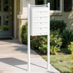 Wiltec 5er Briefkastenanlage weiß 270 x 513 x 1500 mm, Standbriefkasten mit 5 Fächern, Schlüssel und Namensschild, Briefkasten Postkasten mit Ständer