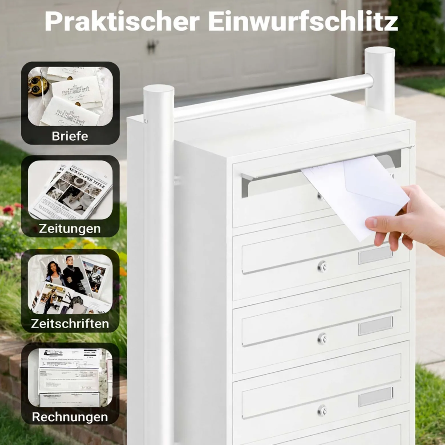 Wiltec 6er Briefkastenanlage weiß 270 x 513 x 1500 mm, Standbriefkasten mit 6 Fächern, Schlüssel und Namensschild, Briefkasten Postkasten mit Ständer