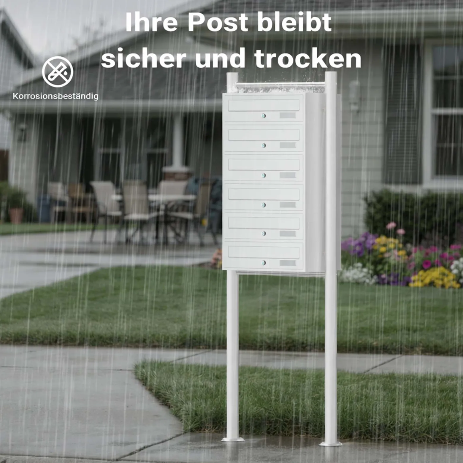Wiltec 6er Briefkastenanlage weiß 270 x 513 x 1500 mm, Standbriefkasten mit 6 Fächern, Schlüssel und Namensschild, Briefkasten Postkasten mit Ständer