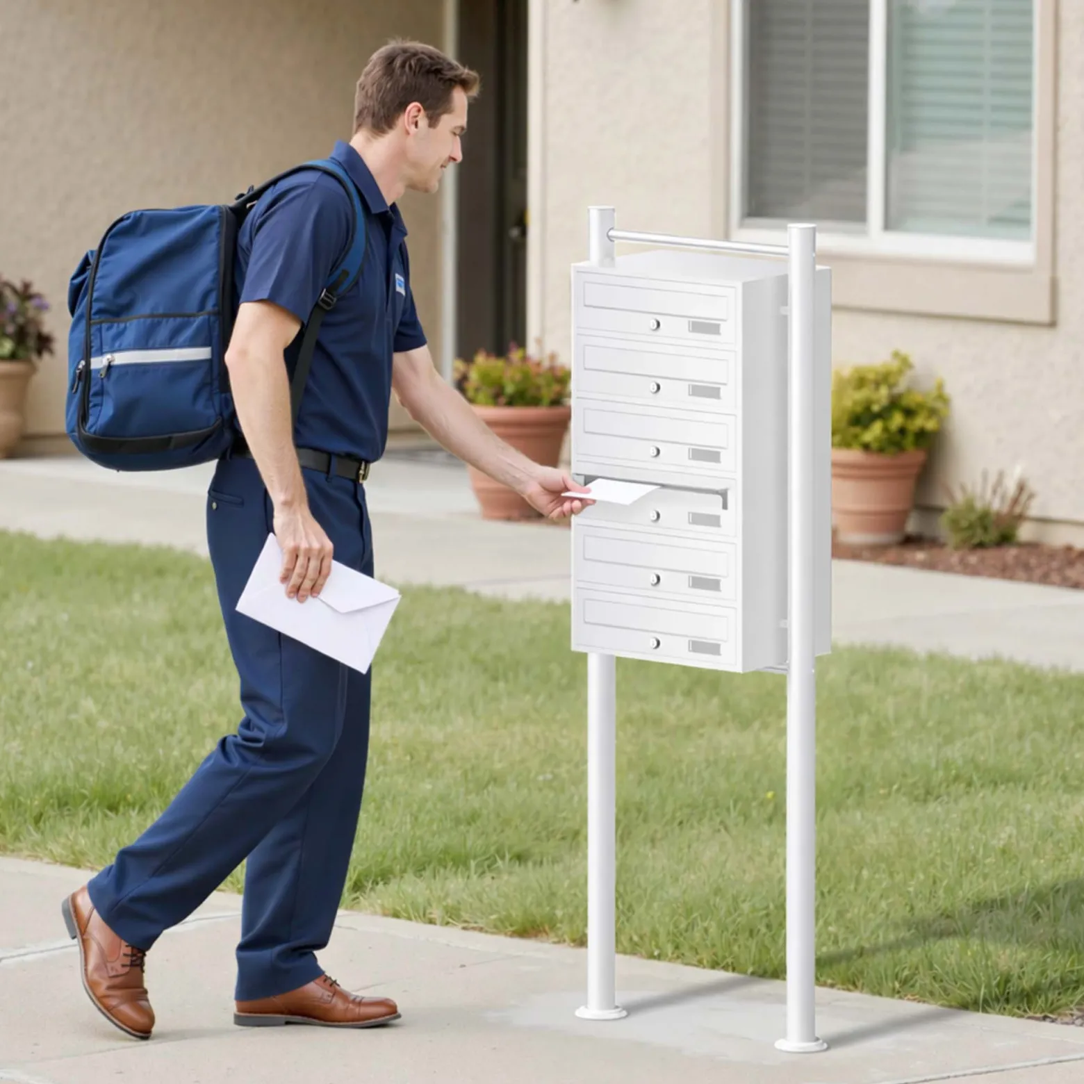 Wiltec 6er Briefkastenanlage weiß 270 x 513 x 1500 mm, Standbriefkasten mit 6 Fächern, Schlüssel und Namensschild, Briefkasten Postkasten mit Ständer