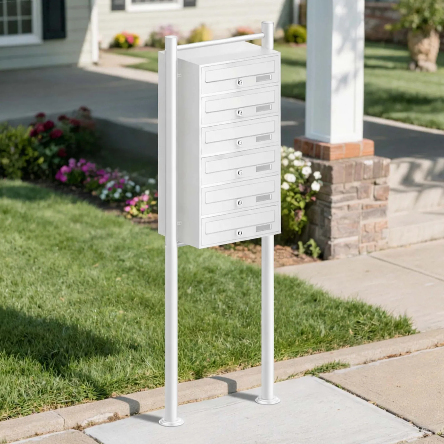 Wiltec 6er Briefkastenanlage weiß 270 x 513 x 1500 mm, Standbriefkasten mit 6 Fächern, Schlüssel und Namensschild, Briefkasten Postkasten mit Ständer