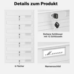 Wiltec 6er Briefkastenanlage weiß 270 x 513 x 1500 mm, Standbriefkasten mit 6 Fächern, Schlüssel und Namensschild, Briefkasten Postkasten mit Ständer