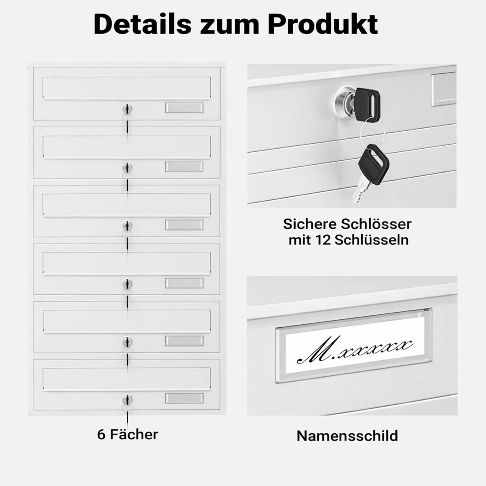 Wiltec 6er Briefkastenanlage weiß 270 x 513 x 1500 mm, Standbriefkasten mit 6 Fächern, Schlüssel und Namensschild, Briefkasten Postkasten mit Ständer