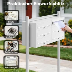Wiltec 6er Briefkastenanlage weiß 945 x 270 x 1200 mm, Standbriefkasten mit 2x3 Fächern, Schlüssel und Namensschild, Briefkasten Postkasten mit Ständer