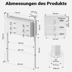 Wiltec 6er Briefkastenanlage weiß 945 x 270 x 1200 mm, Standbriefkasten mit 2x3 Fächern, Schlüssel und Namensschild, Briefkasten Postkasten mit Ständer